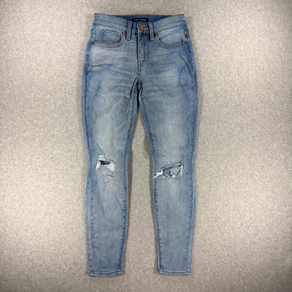 Lucky Brand Ava Mid Rise Skinny Jeans Light Wash Distressed Blue Denim Size 0 25